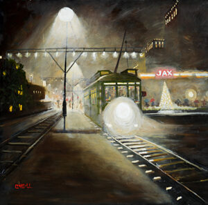 Trolley in Fog original oil painting by Peter O'Neill